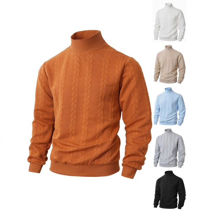Knit sweater for men with high collar and innovative cable details Lune London