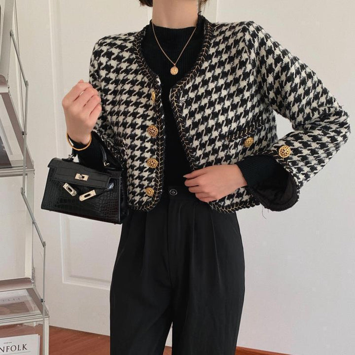 Designer jacket for women in houndstooth design with golden buttons Lune London