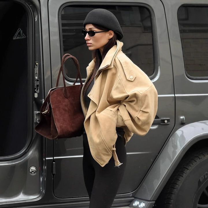 Lady Oversized Suede Jacket with Asymmetrical Cut and Chic Fashion Details