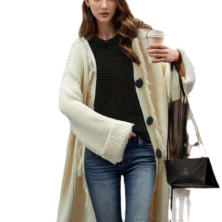 Casual knit coat for women with fringed finishes and large pockets Lune London