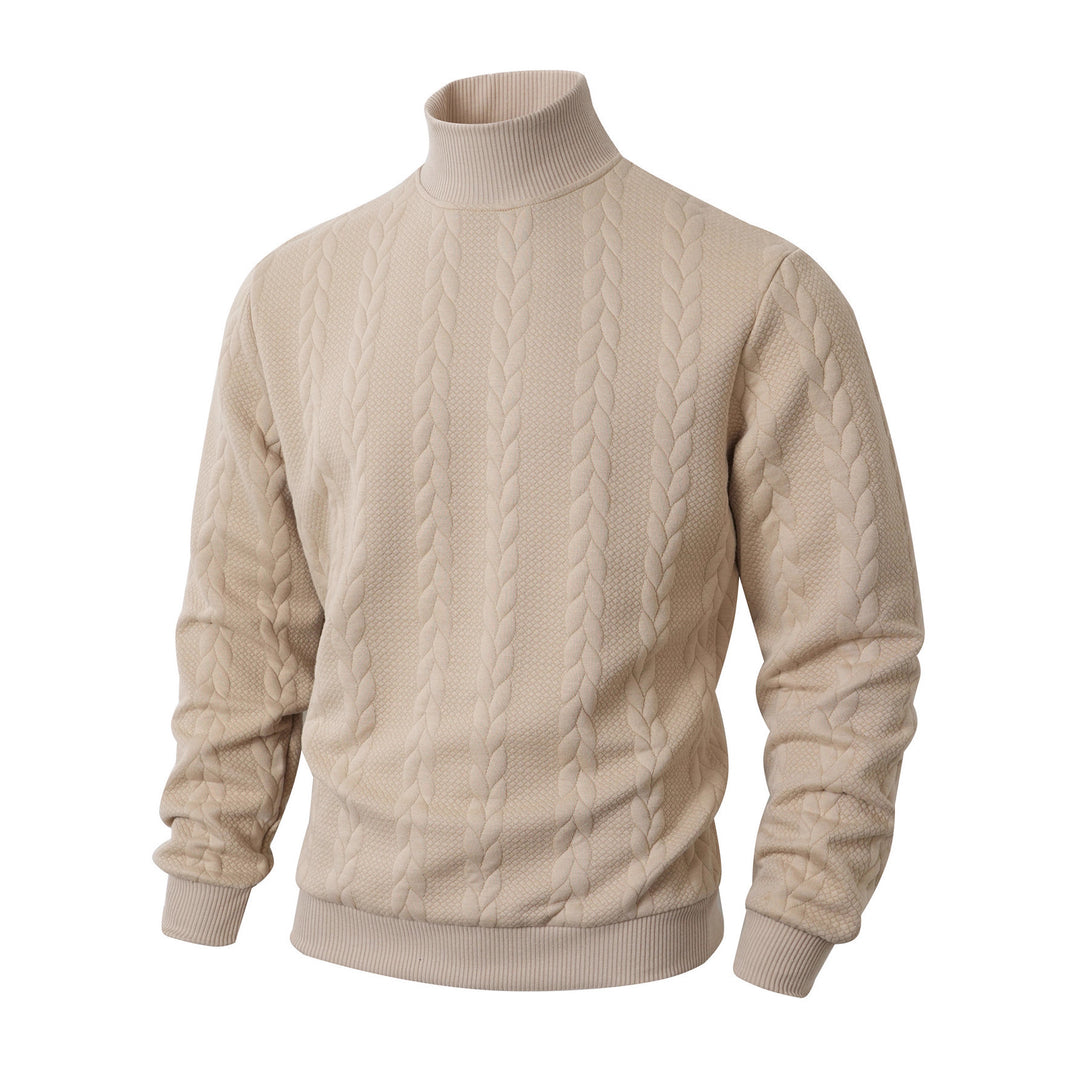 Knit sweater for men with high collar and innovative cable details Lune London
