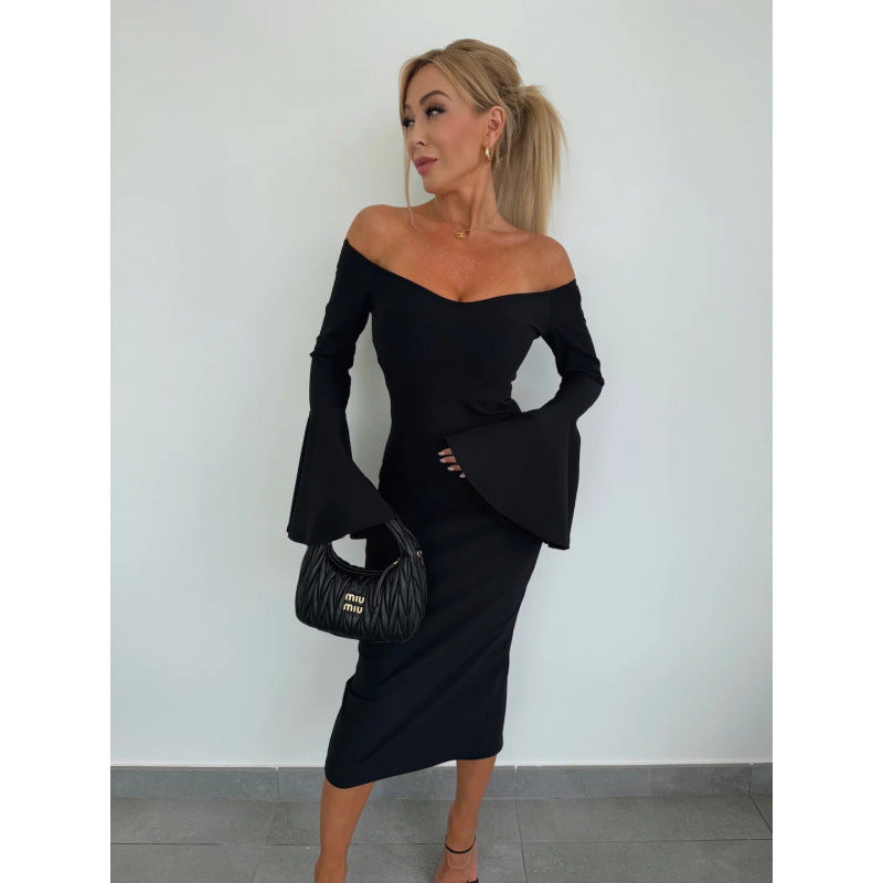 Lune London V-neck midi dress for women with flared sleeves