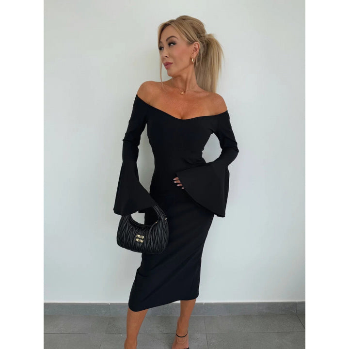 Lune London V-neck midi dress for women with flared sleeves