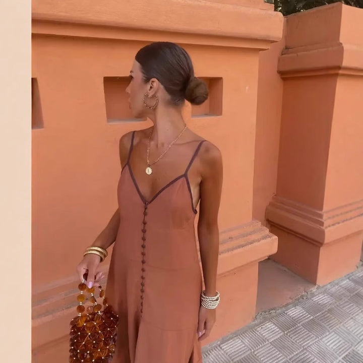 Maxi dress for women with fine button details and a delicate V neck Lune London
