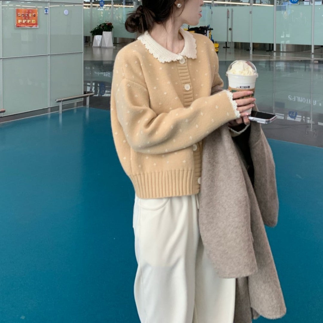 Knitted jacket for women with ruffled collar and button details Lune London