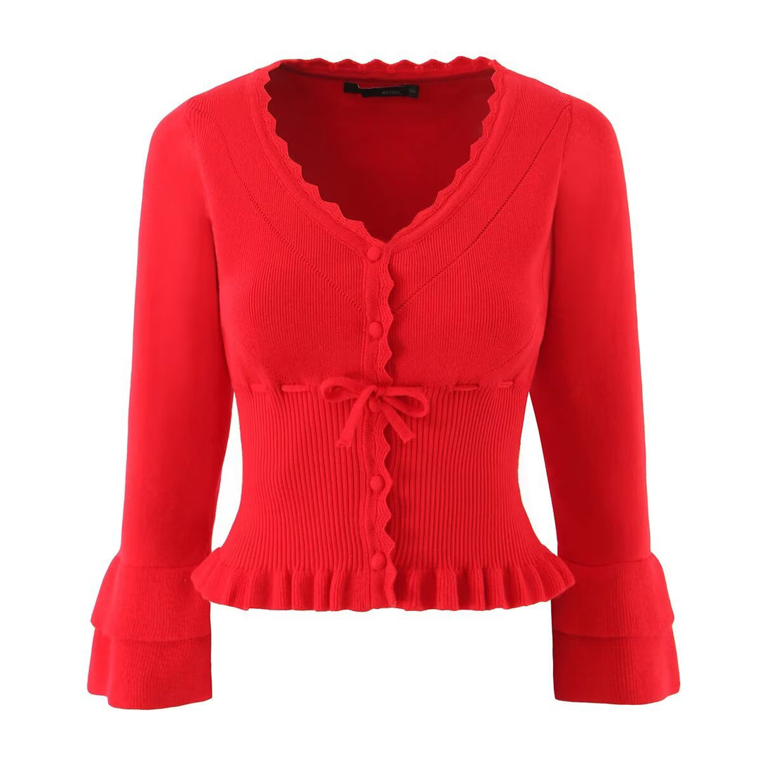 Original cut knitted jacket for women with ruffle details Lune London