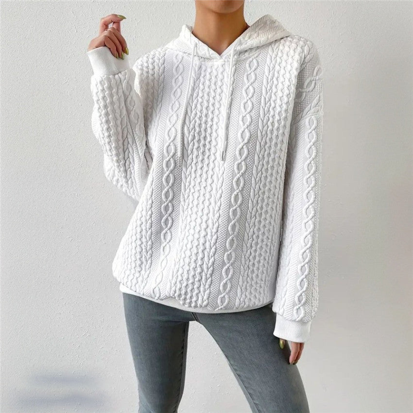 High-quality knit sweater for women with hood and decorative cable pattern Lune London
