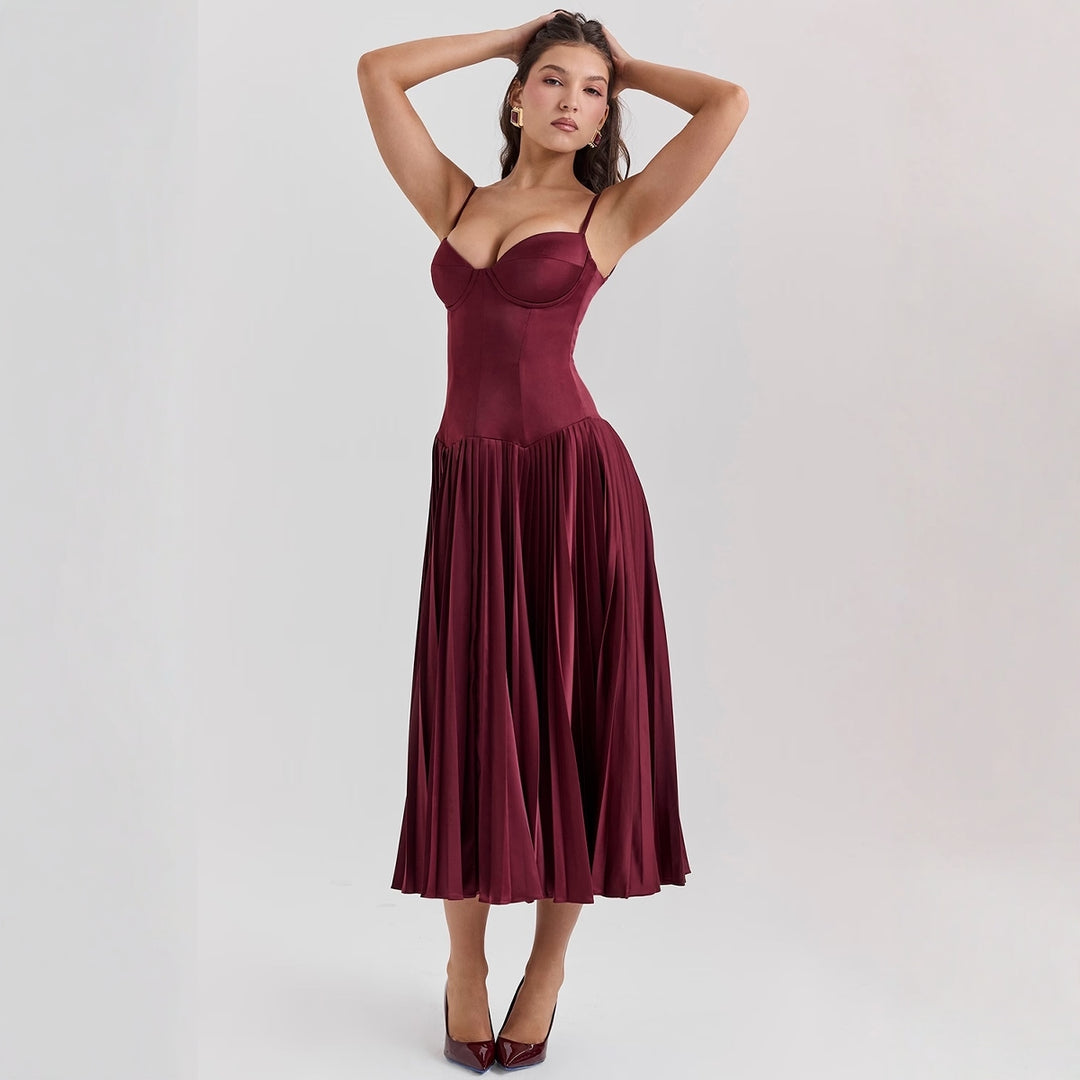 Ladies Elegant Maxi Dress with Corset Top and Flared Skirt Lune London