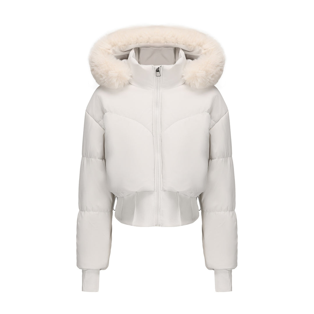 Cropped down jacket for women with removable hood and faux fur trim Lune London