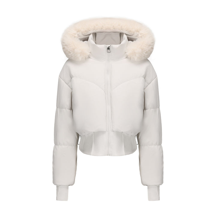 Cropped down jacket for women with removable hood and faux fur trim Lune London