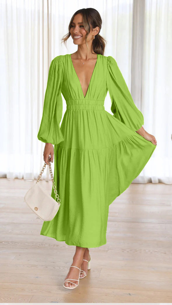 Women's Maxi Dress with Deep V-Neck and Wide Flared Sleeves Lune London