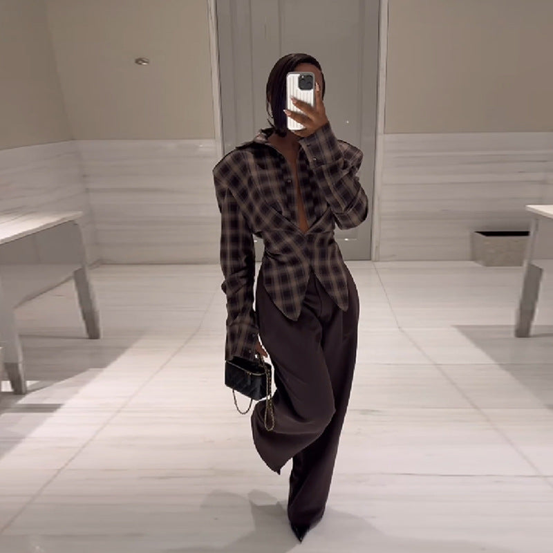 Loose checkered blouse for women with innovative collar Lune London