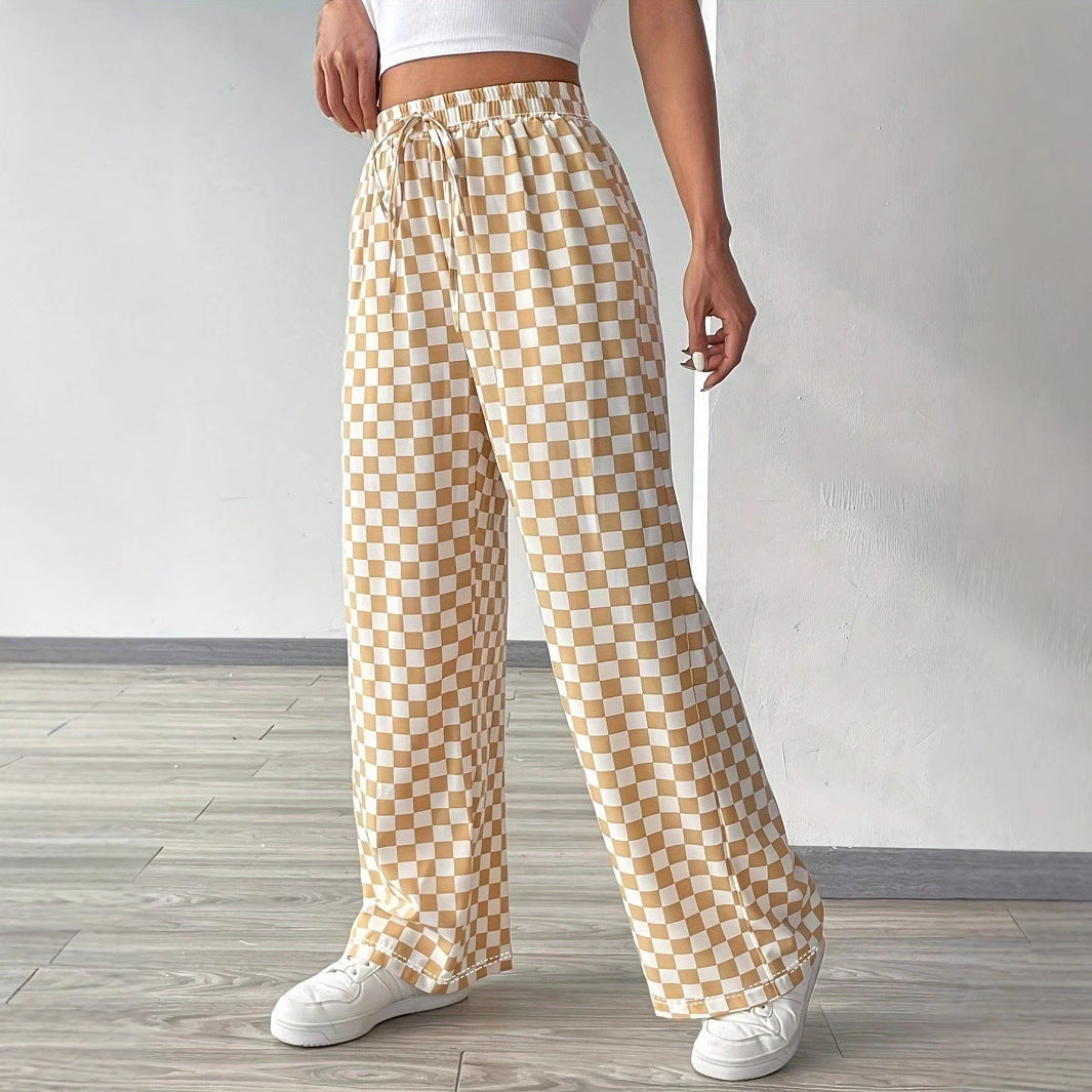 Lune London | Women's Wide Casual Pants with Checkered Pattern and Elastic Waistband