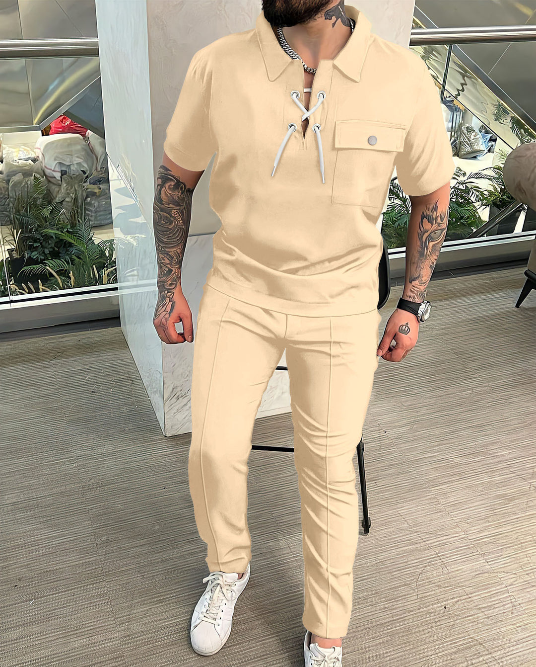 Stylish men's outfit with drawstring details Lune London