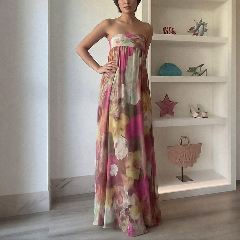 Robe longue de plage pour femmes avec design à épaules dénudées et motif floral Chic & Stil
