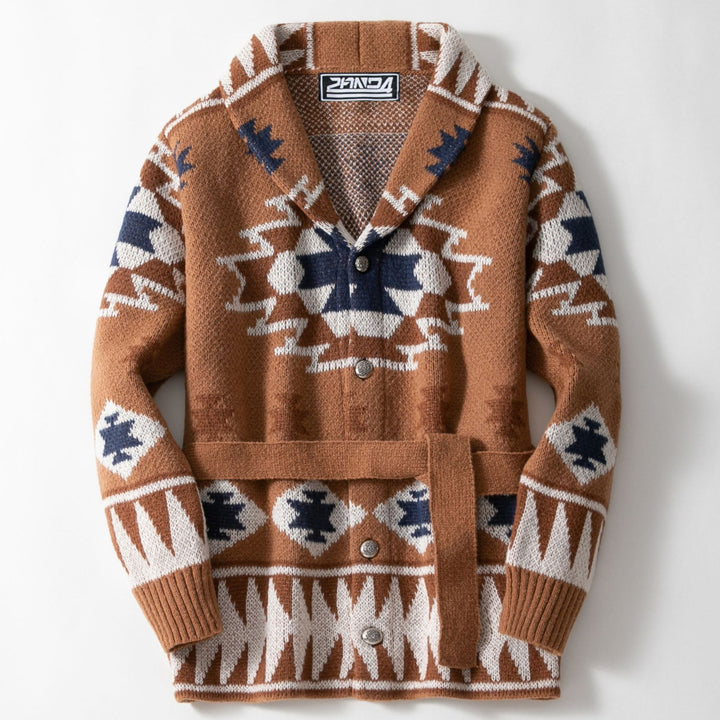 Women’s knit jacket with geometric pattern and belt Lune London