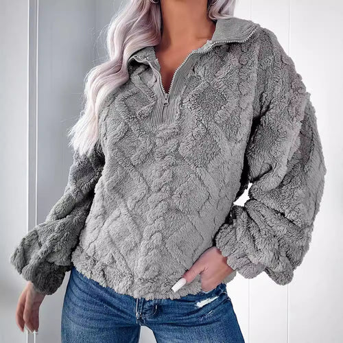 Cozy fleece sweater for women with half-zip and puff sleeves Lune London