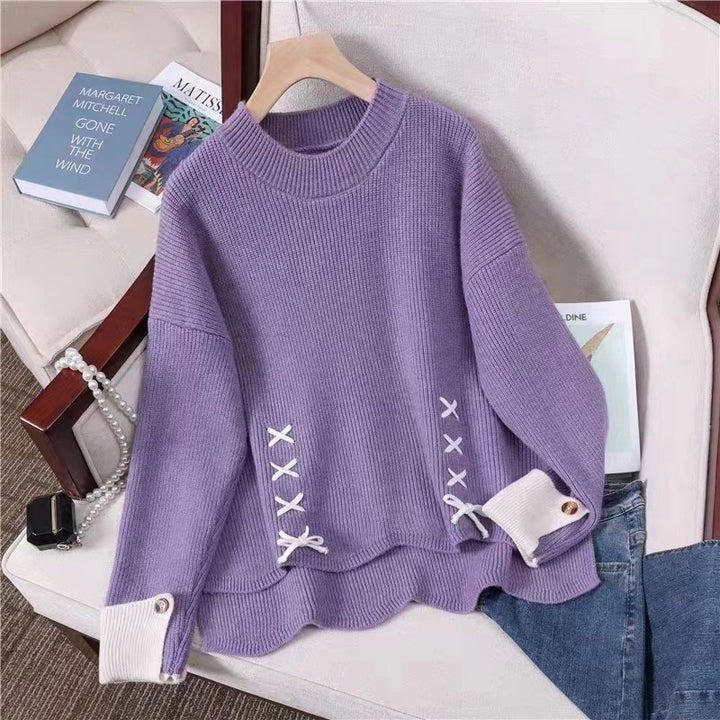 Casual knitted sweater for women with decorative knot and button details Lune London