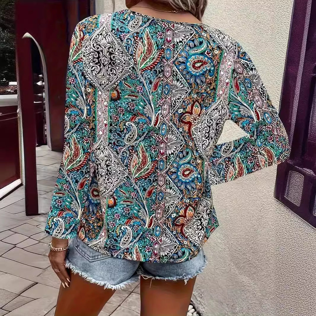 Ladies Elegant blouse with eye-catching paisley pattern and Chic V-neck and Style