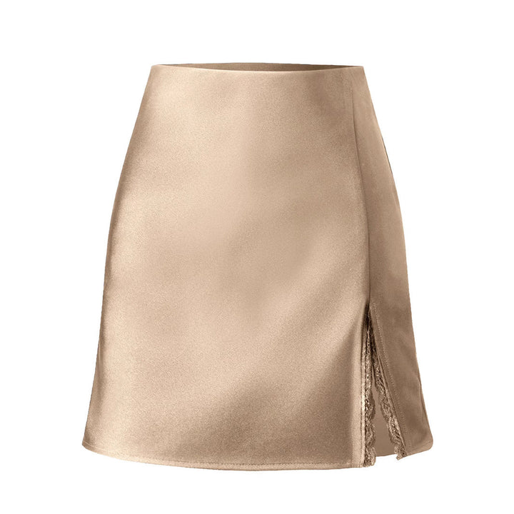 Women Satin Skirt with Side Slit and Lace Accents Lune London