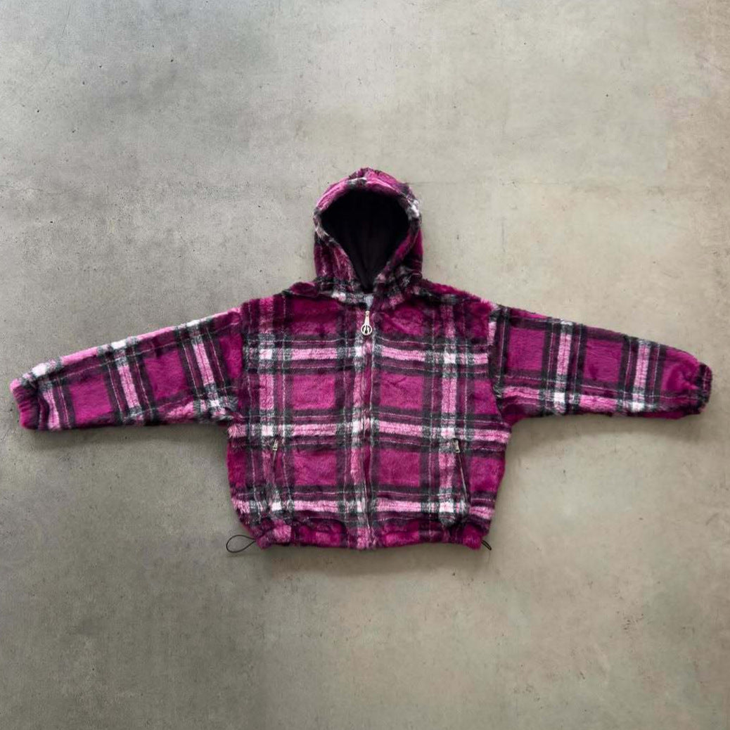Veste à capuche pour femmes en motif à carreaux modernes avec poches zippées sur les côtés Chic & Stil