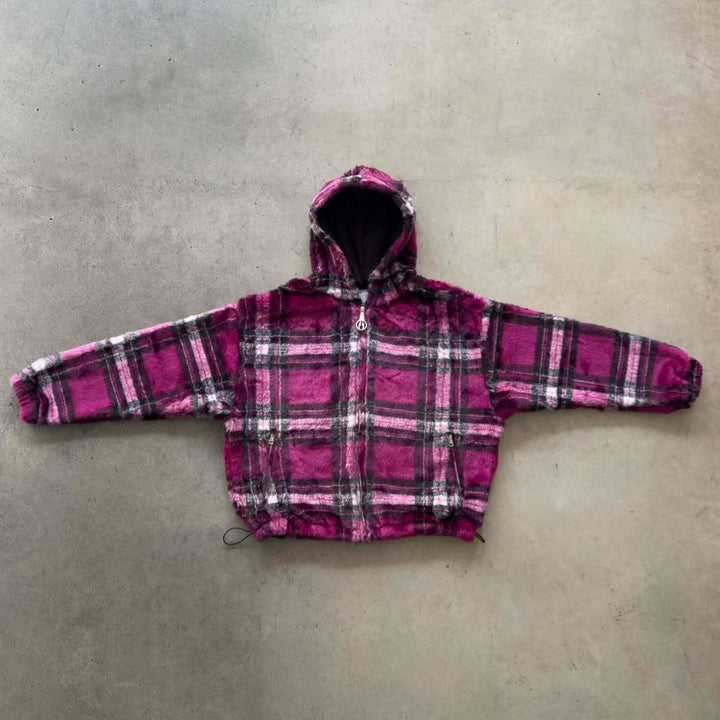 Veste à capuche pour femmes en motif à carreaux modernes avec poches zippées sur les côtés Chic & Stil