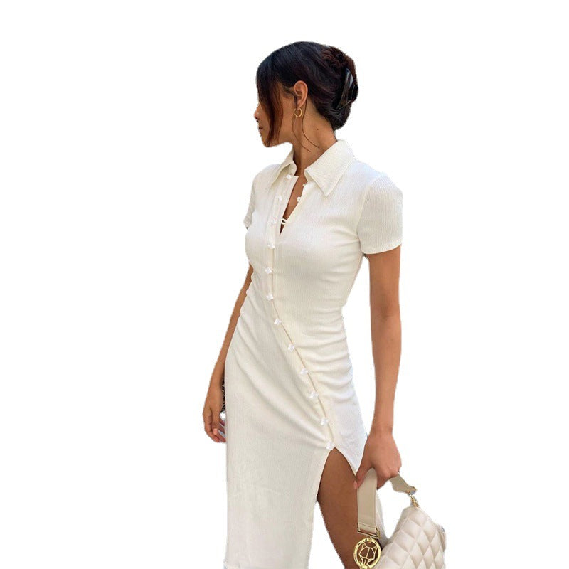 Short-sleeved button-up midi dress with side slit Lune London