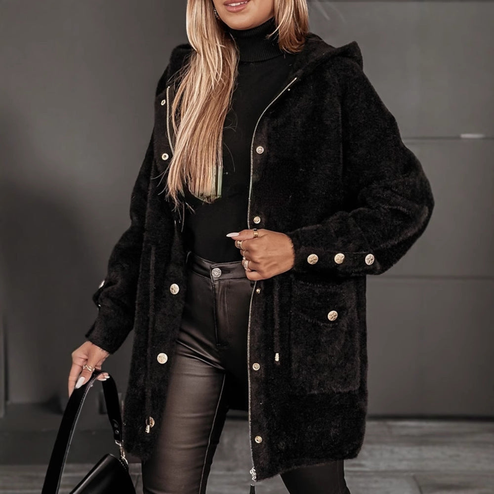Women's Cozy Fleece Jacket with Hood and Press Buttons Chic & Stil