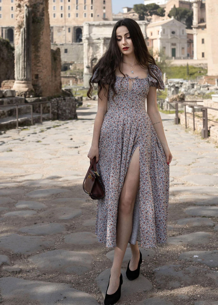 Maxi dress for women with romantic floral print and puff sleeve design Lune London