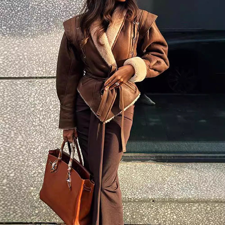 Long suede coat for women with adjustable belt and trendy collar Lune London