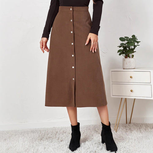 Long corduroy skirt for women with button placket Lune London