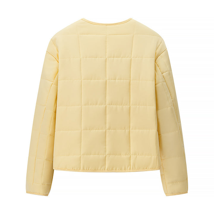 Quilted transition jacket for women with large appliqué pockets Lune London