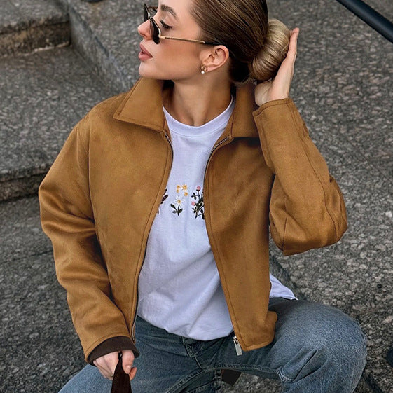 Suede fashion jacket for women with sporty cut and stylish zipper Lune London