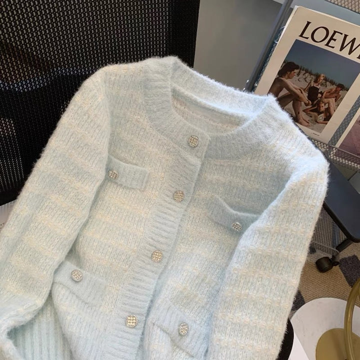 Ladies soft structured knit jacket with button detail and pockets Lune London