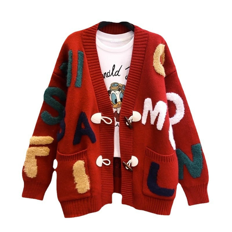 Women’s knit jacket with colorful letter pattern and practical pockets Lune London