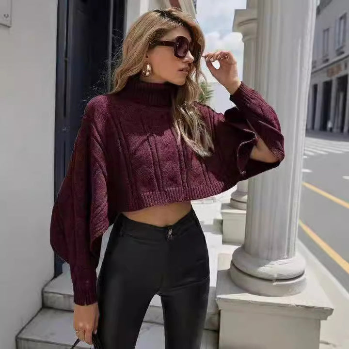 Ladies short sweater with high collar and textured pattern Lune London