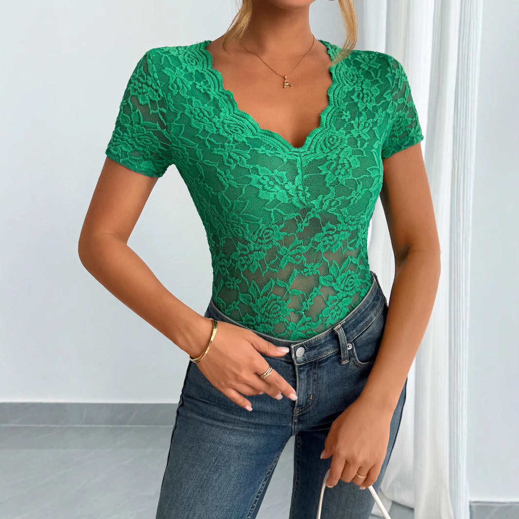 Lune London | Women Solid Sexy Lace V-Neck Short Sleeve