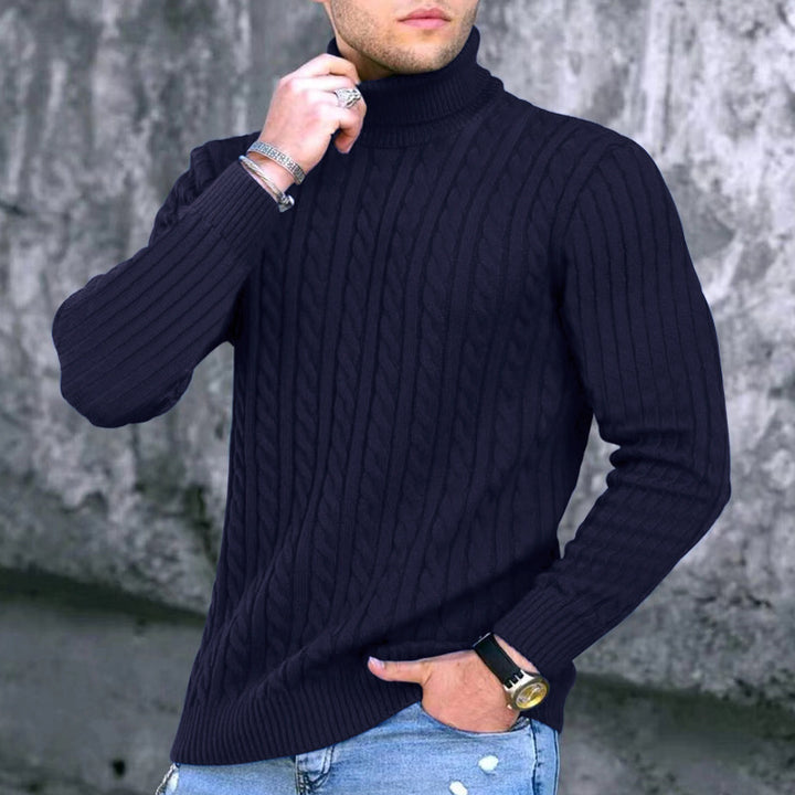 Knitted sweater for men in portrait format with high collar and textured pattern Lune London