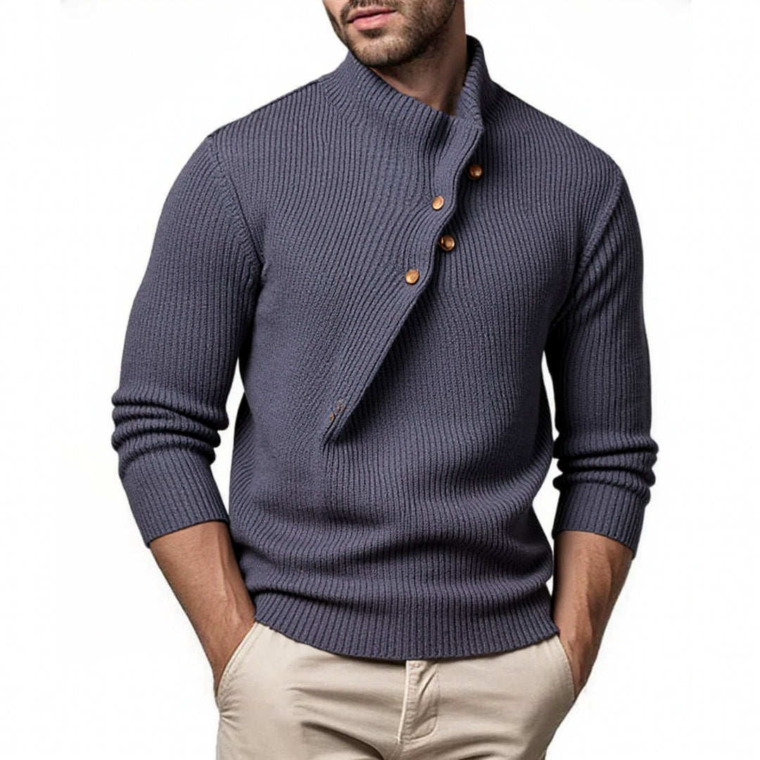 Trendy knitted pullover for men with high collar and asymmetric button placket Lune London