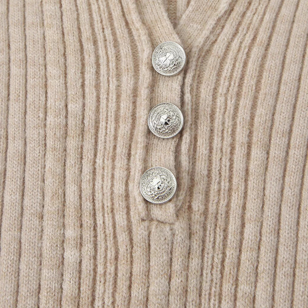 Women Long Sleeve T-shirt with Structured Round Rib Design and Elegant Button Details Lune London