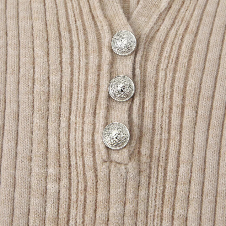 Women Long Sleeve T-shirt with Structured Round Rib Design and Elegant Button Details Lune London