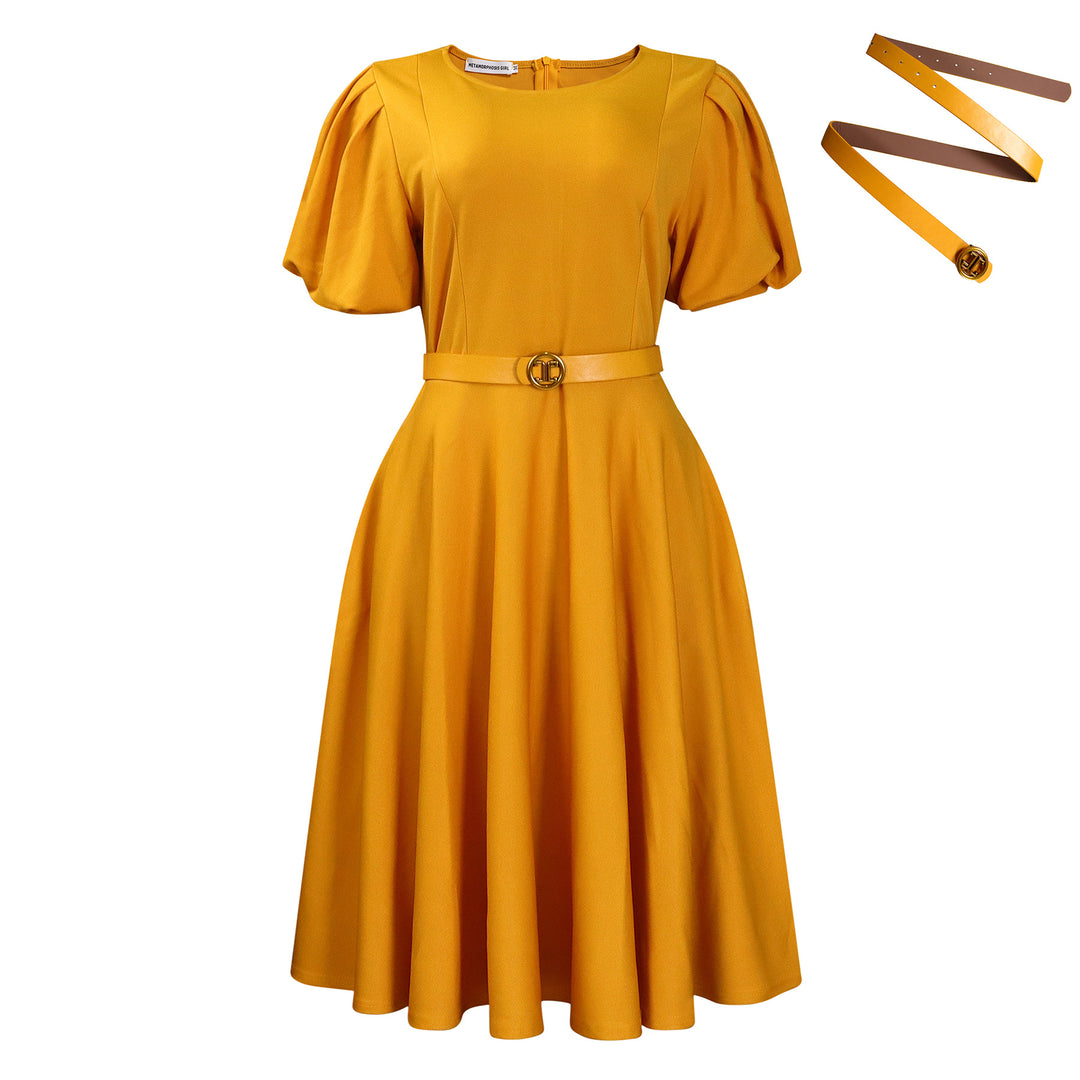 Midi dress for women with puff sleeves and a fitted belt Lune London