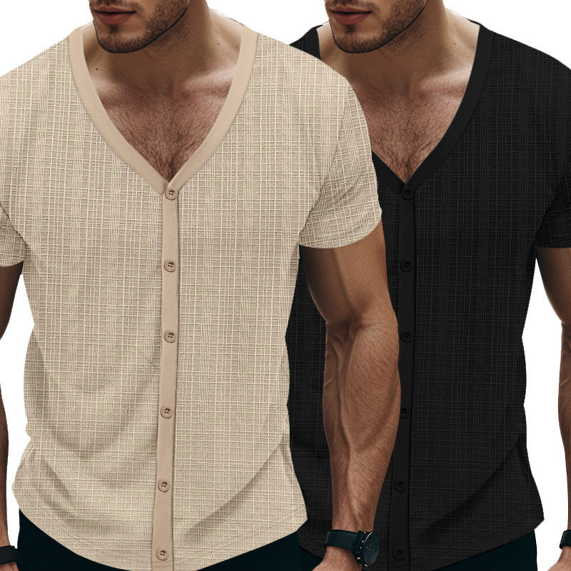 Men's Short Sleeve Henley T-Shirt with Textured Design and Fashionable V-Neck Lune London
