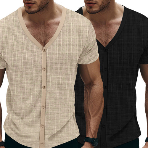 Men's Short Sleeve Henley T-Shirt with Textured Design and Fashionable V-Neck Lune London