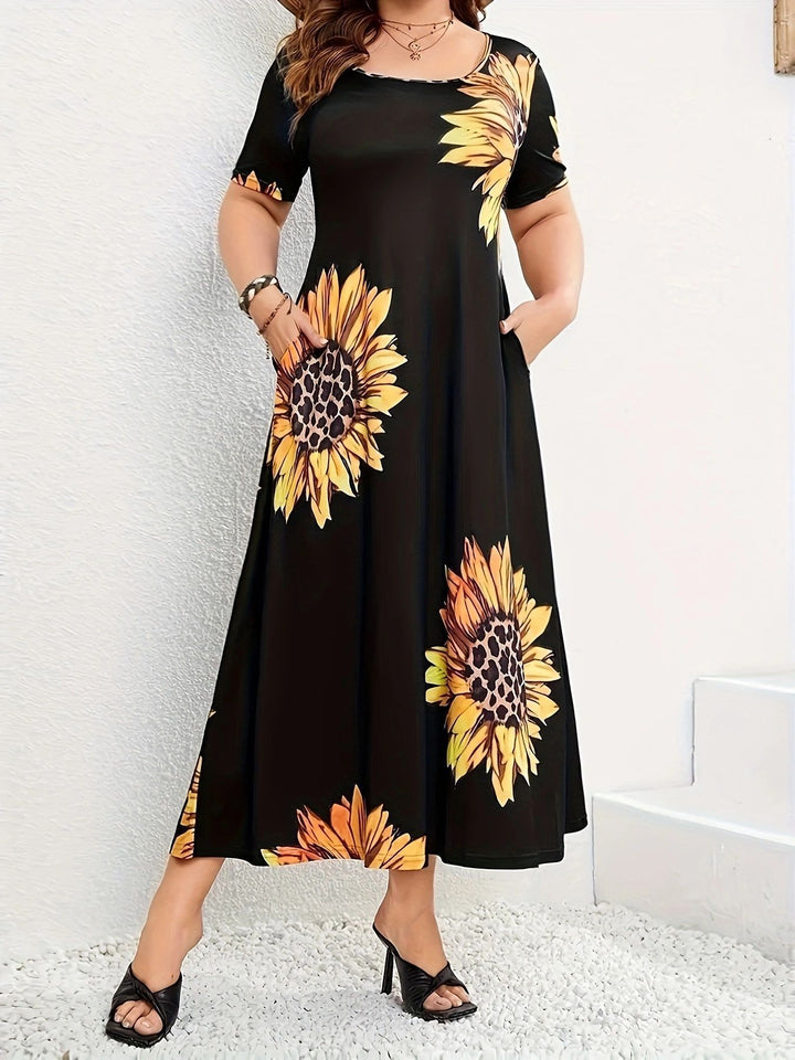 Summer maxi dress for women with sunflower floral pattern and practical pockets Lune London