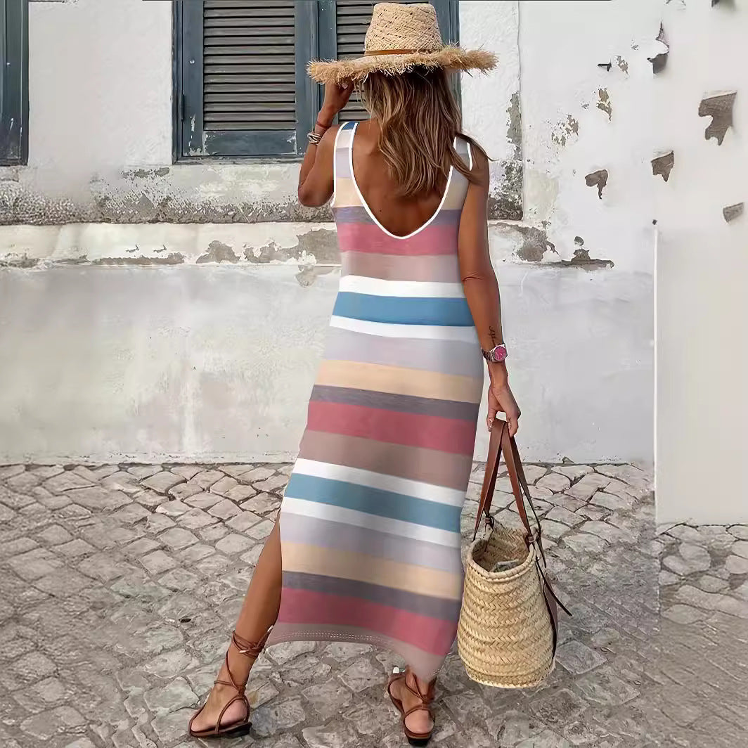 Maxi dress for women with trendy striped pattern and elegant slit Lune London