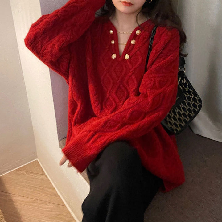Pull épais en tricot pour femmes avec fermeture à boutons décoratifs et décolleté en V Chic & Stil
