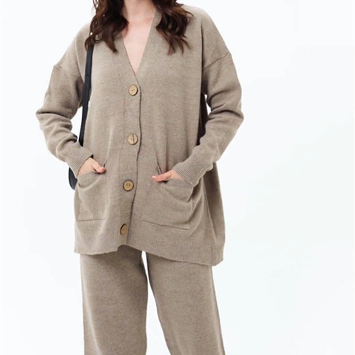 Ladies comfortable knit cardigan with practical pockets and chic button details