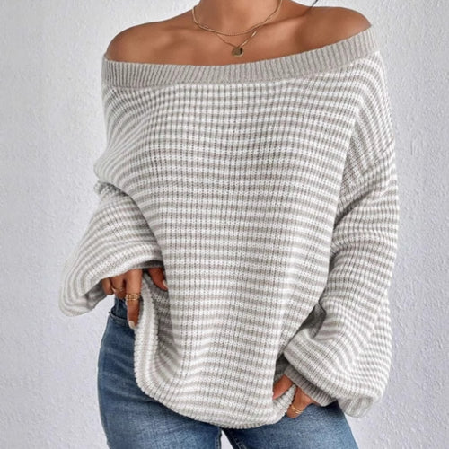 Oversized knitted sweater for women with V-neck design and striped pattern Lune London