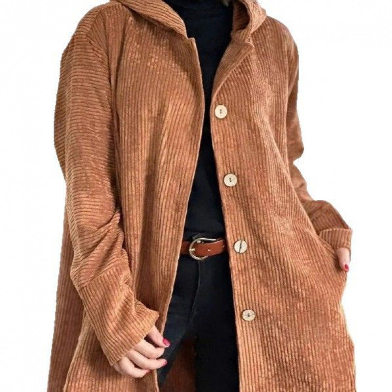 Ladies Cozy Corduroy Jacket with Hood and Button Closure Lune London